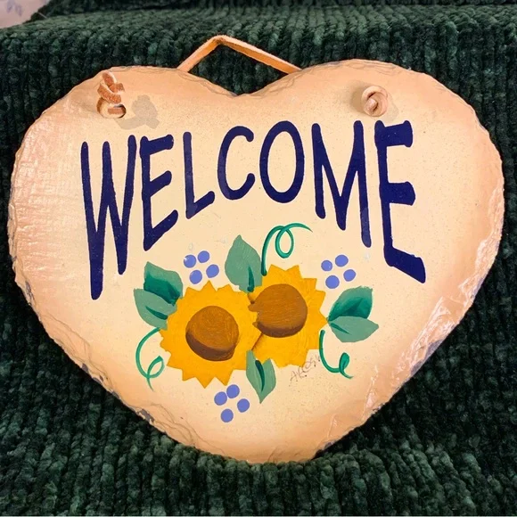 VTG Heart Stenciled Slate Welcome Sign Handcut Hand Painted from NOLA Roof Tile - Picture 1 of 7